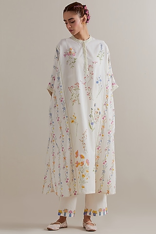 Off-White Cotton Floral Hand Block Printed Kaftan Set by Kora