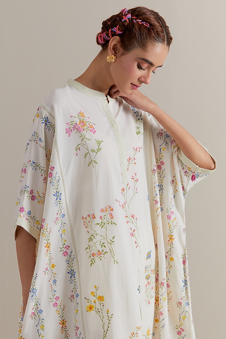 Off-White Cotton Floral Hand Block Printed Kaftan Set by Kora at Pernia's Pop Up Shop