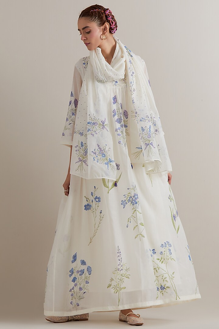 Off-White Cotton Chanderi Floral Hand Block Printed Kurta Set by Kora at Pernia's Pop Up Shop
