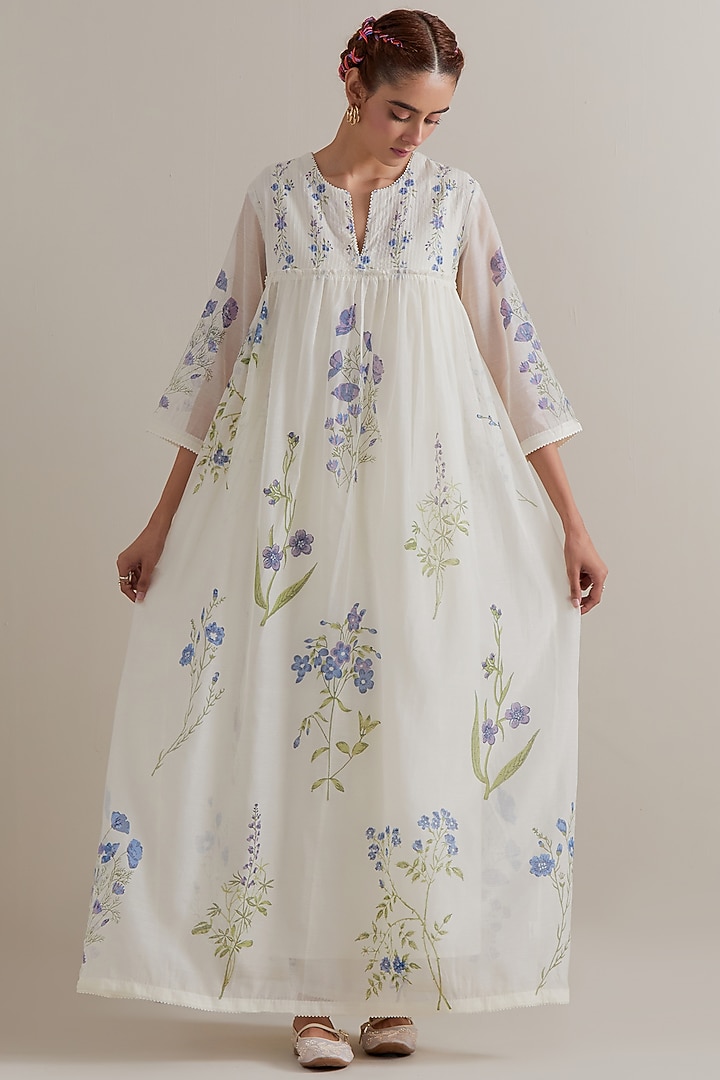 Off-White Cotton Chanderi Floral Hand Block Printed Kurta Set by Kora at Pernia's Pop Up Shop