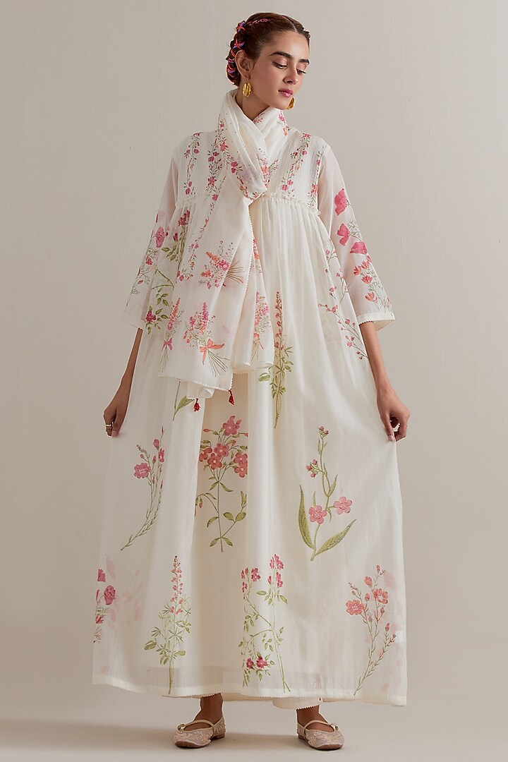 Off-White Cotton Chanderi Floral Hand Block Printed Kurta Set by Kora at Pernia's Pop Up Shop