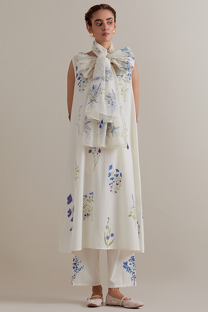 Off-White Cotton Floral Hand Block Printed A-line Kurta Set by Kora at Pernia's Pop Up Shop
