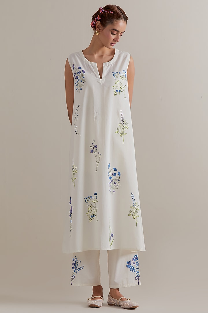 Off-White Cotton Floral Hand Block Printed A-line Kurta Set by Kora at Pernia's Pop Up Shop