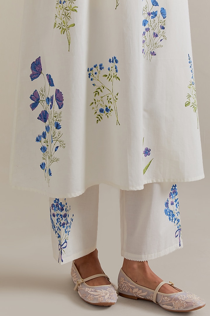 Off-White Cotton Floral Hand Block Printed A-line Kurta Set by Kora at Pernia's Pop Up Shop
