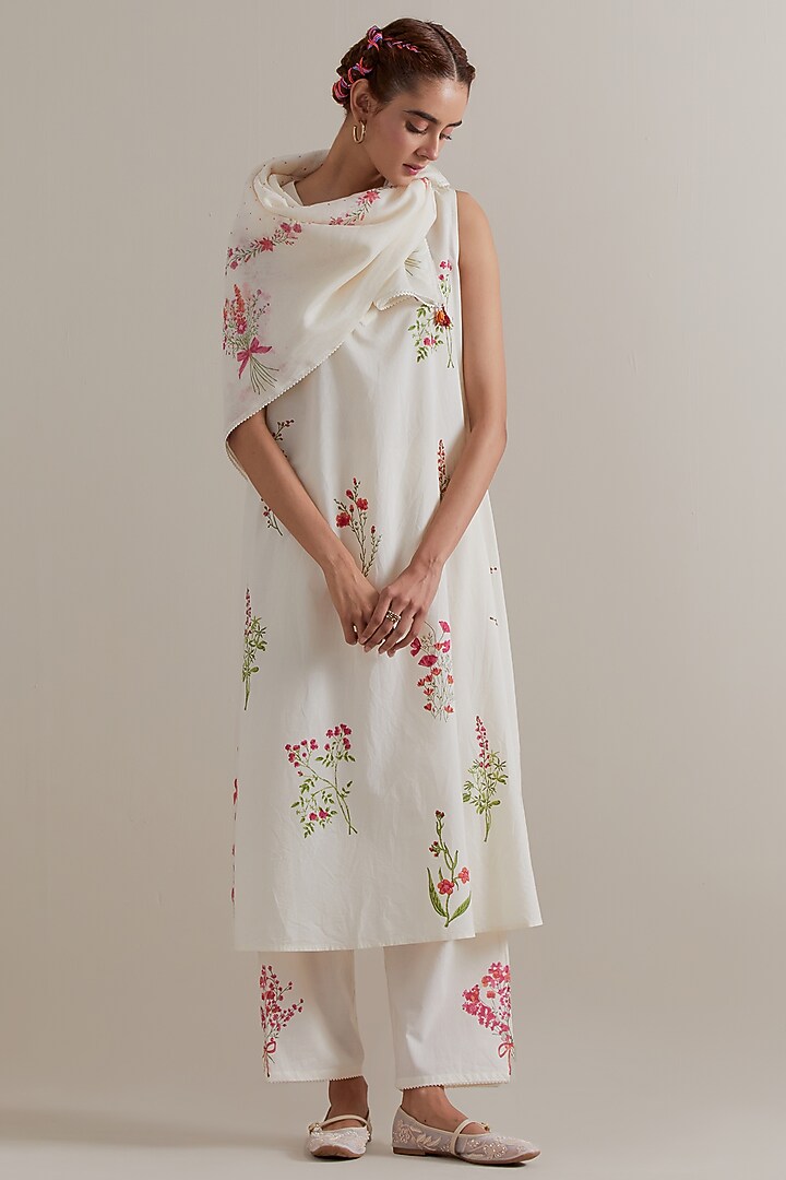 Off-White Cotton Floral Hand Block Printed A-line Kurta Set by Kora at Pernia's Pop Up Shop