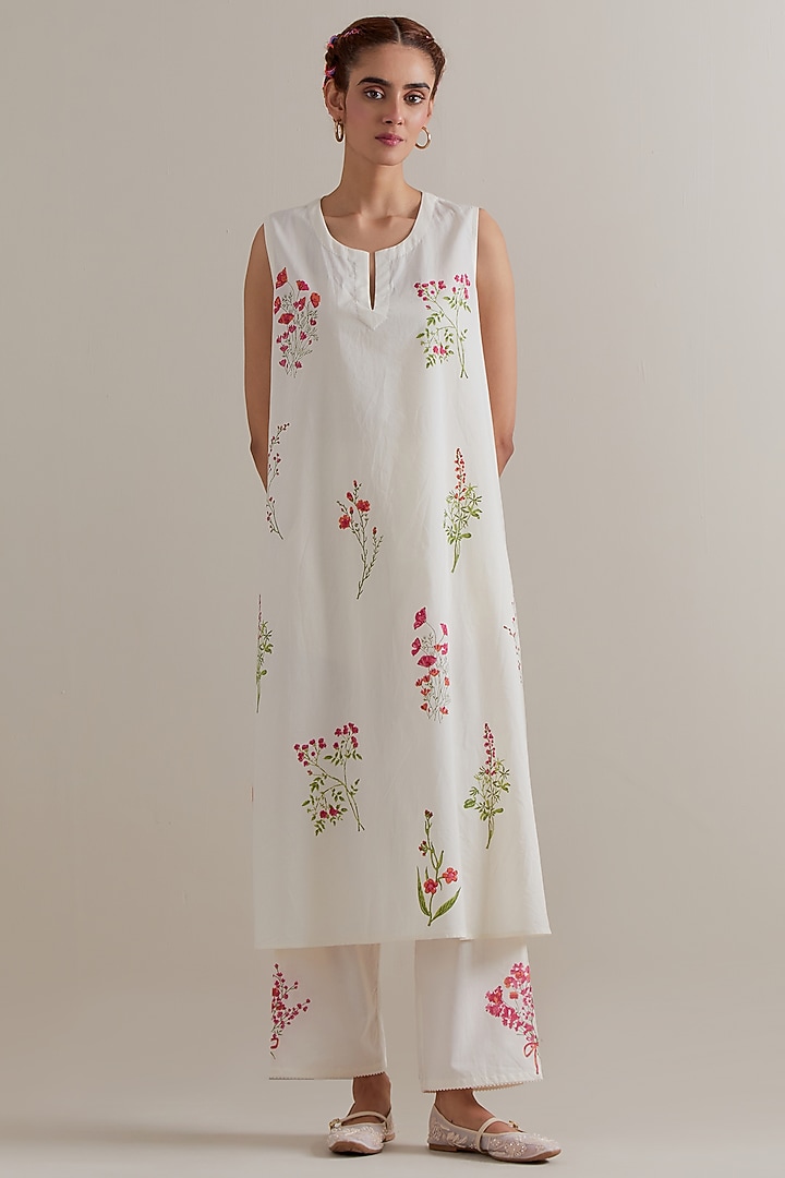 Off-White Cotton Floral Hand Block Printed A-line Kurta Set by Kora at Pernia's Pop Up Shop