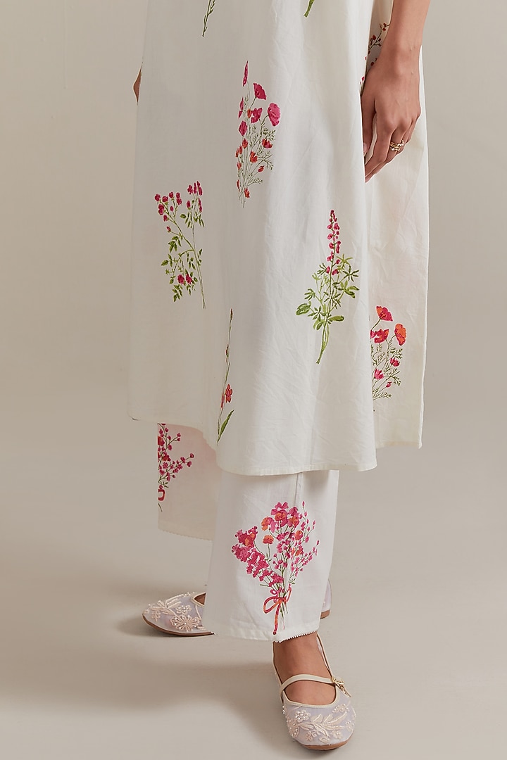 Off-White Cotton Floral Hand Block Printed A-line Kurta Set by Kora at Pernia's Pop Up Shop