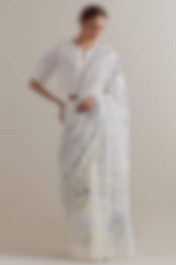Off-White Cotton Chanderi Floral Hand Block Printed Party Wear Saree Set by Kora at Pernia's Pop Up Shop