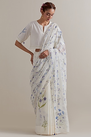 Off-White Cotton Chanderi Floral Hand Block Printed Saree Set by Kora