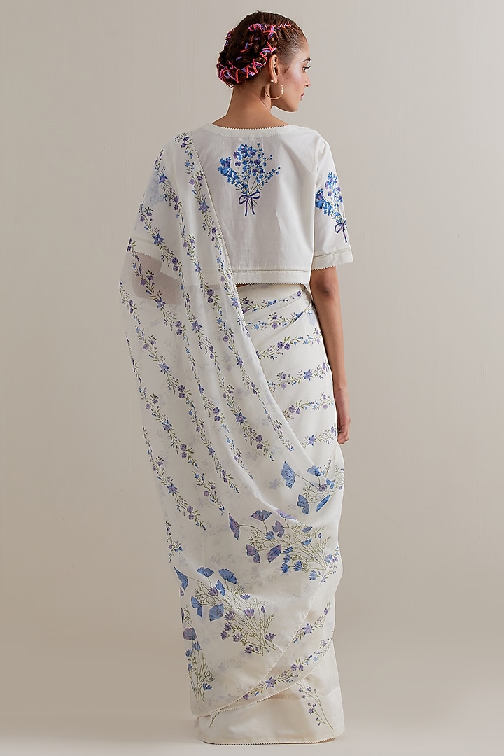 Off-White Cotton Chanderi Floral Hand Block Printed Party Wear Saree Set by Kora at Pernia's Pop Up Shop