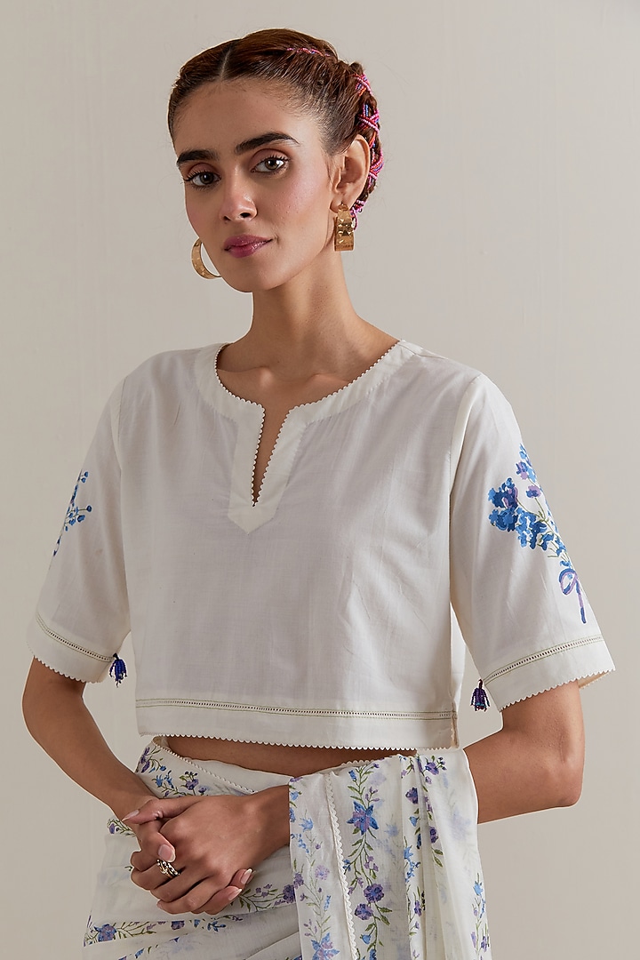 Off-White Cotton Chanderi Floral Hand Block Printed Party Wear Saree Set by Kora at Pernia's Pop Up Shop