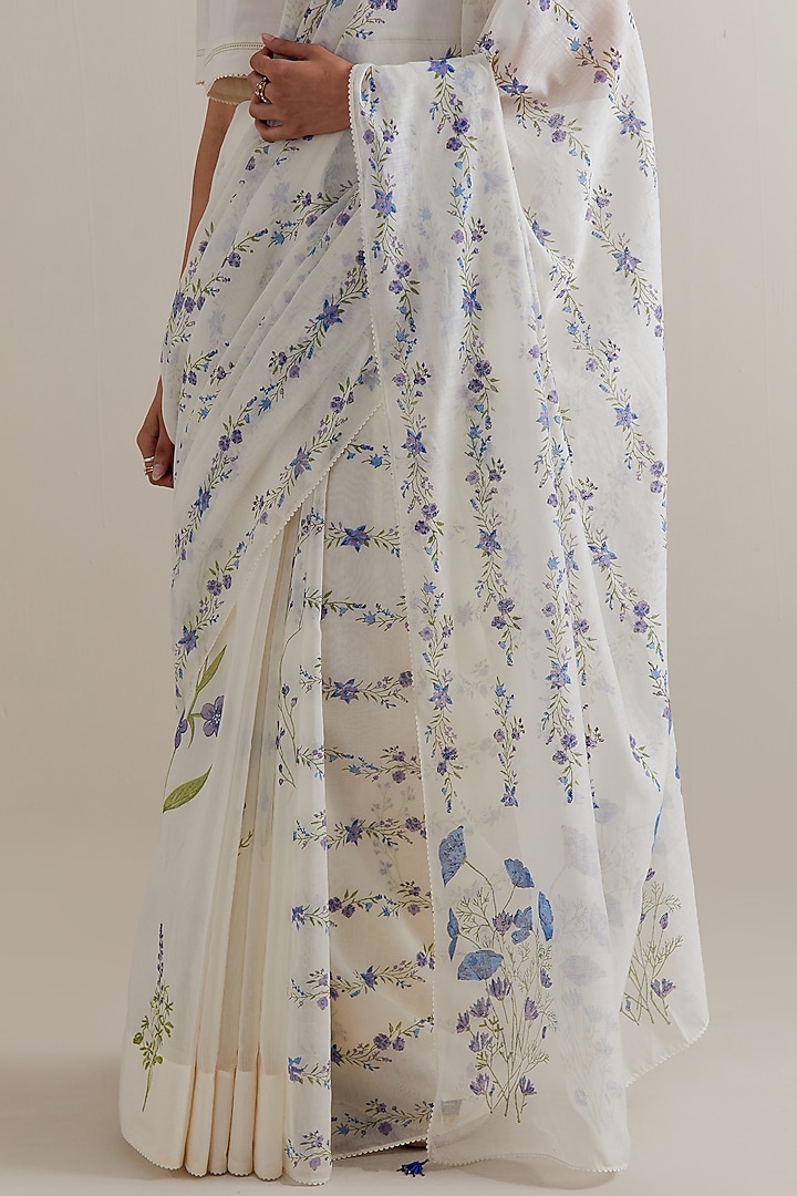 Off-White Cotton Chanderi Floral Hand Block Printed Party Wear Saree Set by Kora at Pernia's Pop Up Shop