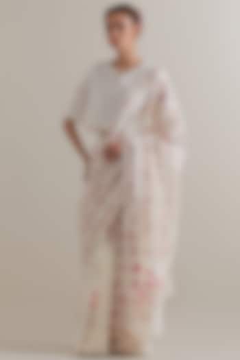 Off-White Cotton Chanderi Floral Hand Block Printed Party Wear Saree Set by Kora at Pernia's Pop Up Shop