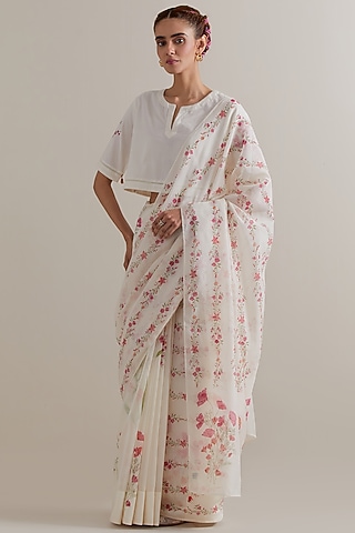 Off-White Cotton Chanderi Floral Hand Block Printed Saree Set by Kora