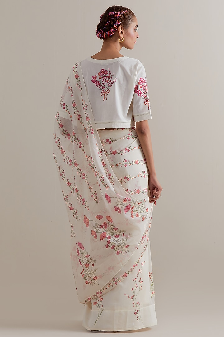 Off-White Cotton Chanderi Floral Hand Block Printed Party Wear Saree Set by Kora at Pernia's Pop Up Shop