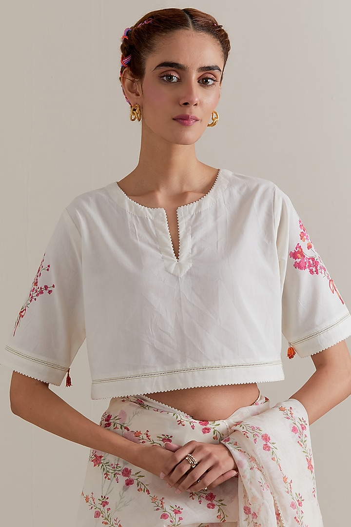Off-White Cotton Chanderi Floral Hand Block Printed Party Wear Saree Set by Kora at Pernia's Pop Up Shop