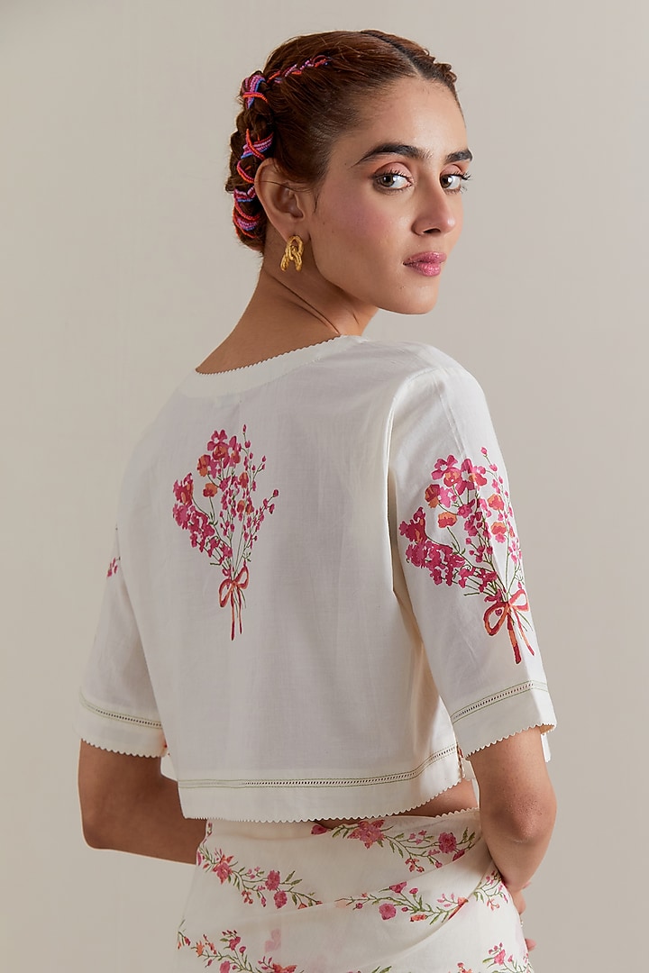 Off-White Cotton Chanderi Floral Hand Block Printed Party Wear Saree Set by Kora at Pernia's Pop Up Shop