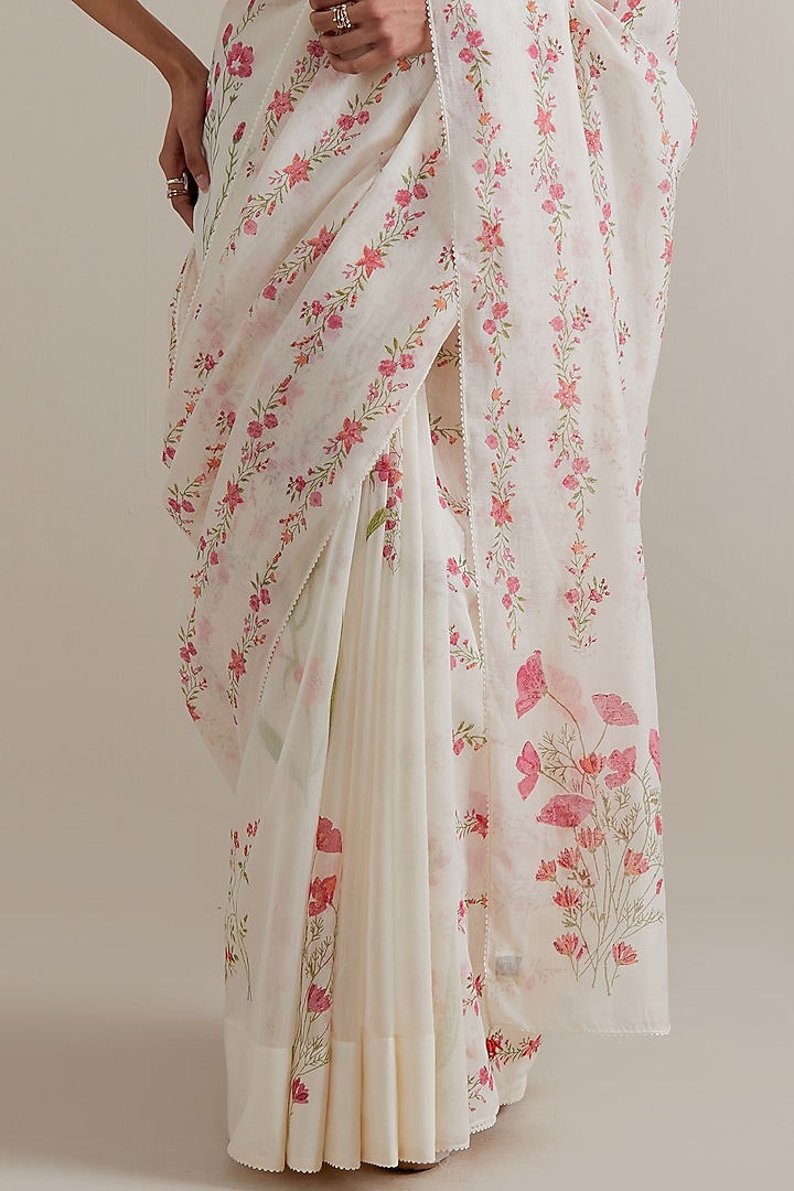 Off-White Cotton Chanderi Floral Hand Block Printed Party Wear Saree Set by Kora at Pernia's Pop Up Shop