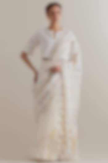 Off-White Cotton Chanderi Floral Hand Block Printed Party Wear Saree Set by Kora at Pernia's Pop Up Shop