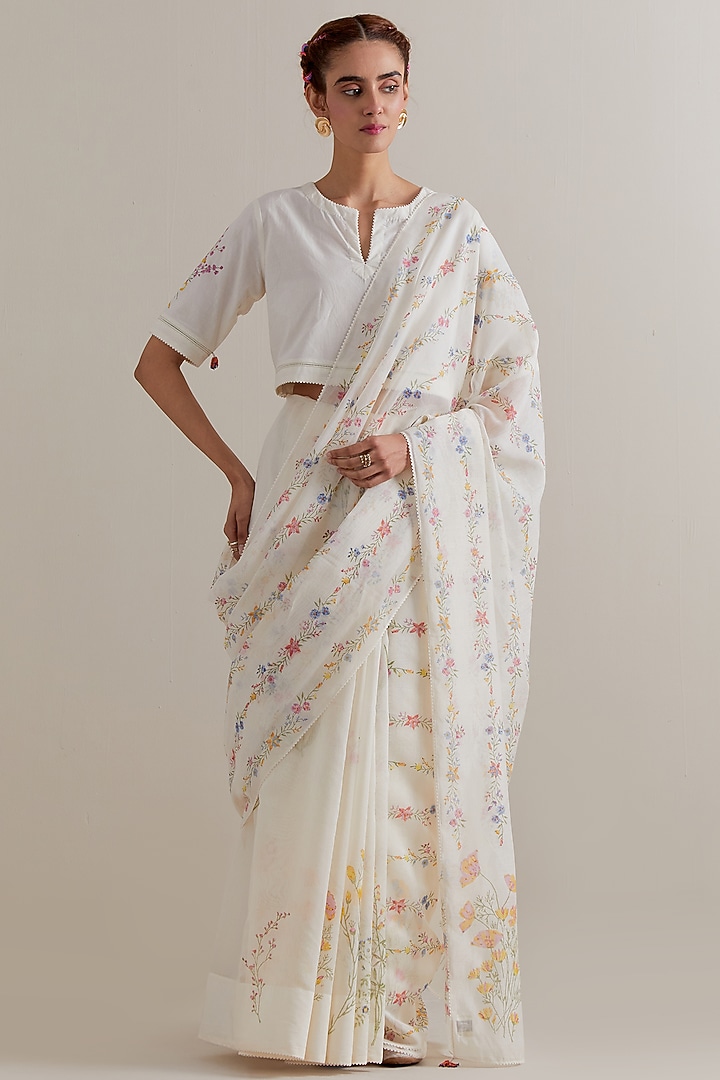 Off-White Cotton Chanderi Floral Hand Block Printed Party Wear Saree Set by Kora at Pernia's Pop Up Shop