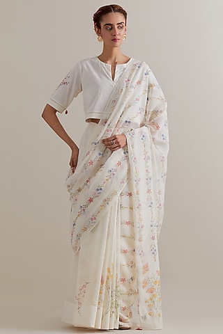 Off-White Cotton Chanderi Floral Hand Block Printed Saree Set by Kora