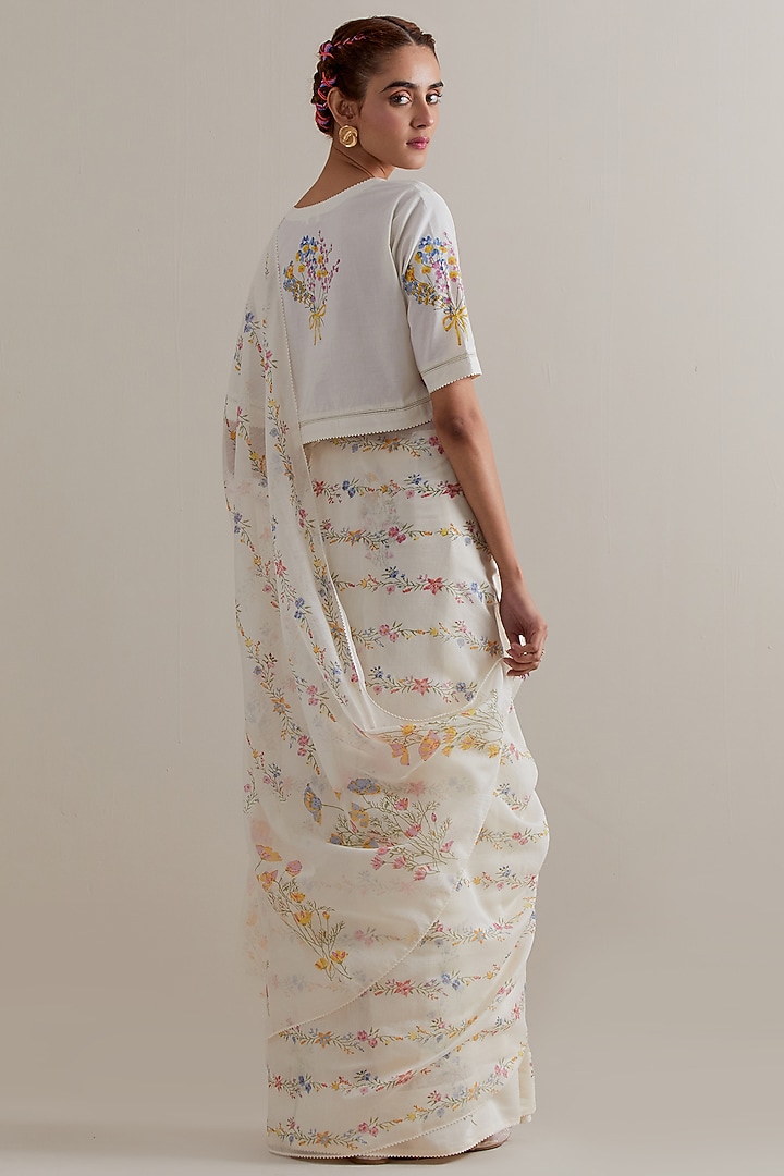 Off-White Cotton Chanderi Floral Hand Block Printed Party Wear Saree Set by Kora at Pernia's Pop Up Shop