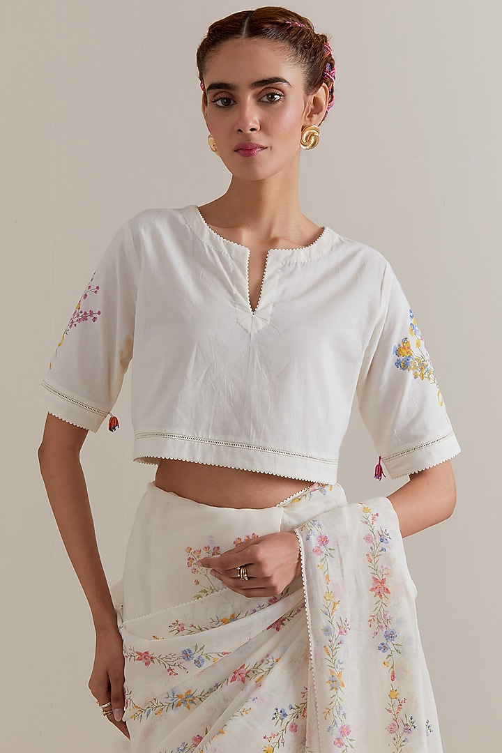 Off-White Cotton Chanderi Floral Hand Block Printed Party Wear Saree Set by Kora at Pernia's Pop Up Shop