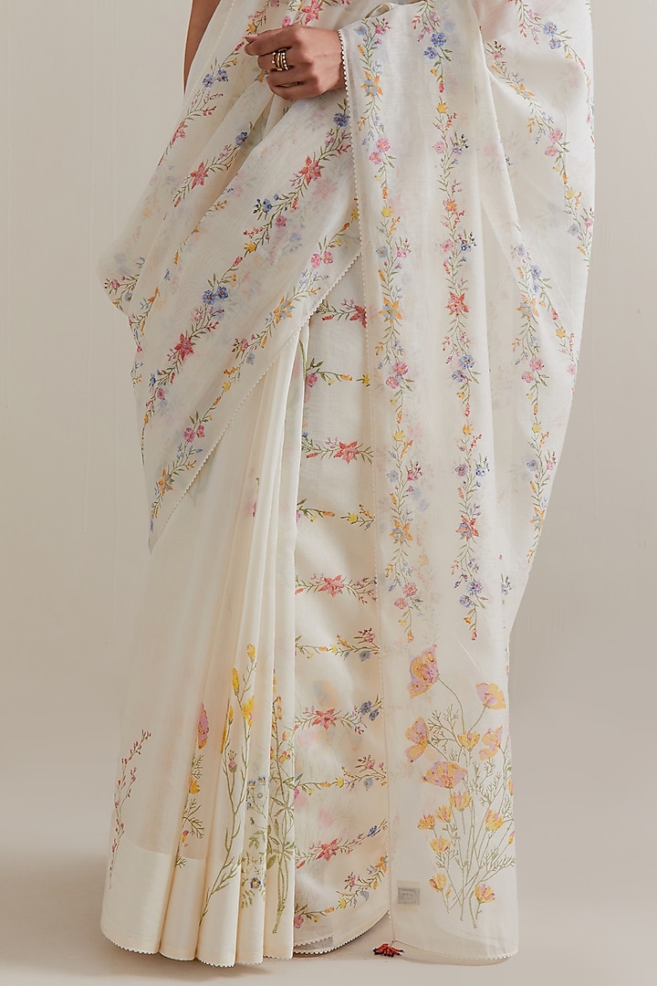 Off-White Cotton Chanderi Floral Hand Block Printed Party Wear Saree Set by Kora at Pernia's Pop Up Shop