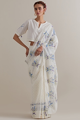 Off-White Cotton Chanderi Floral Hand Block Printed Saree Set by Kora