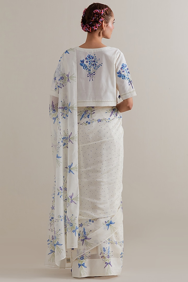 Off-White Cotton Chanderi Floral Hand Block Printed Party Wear Saree Set by Kora at Pernia's Pop Up Shop