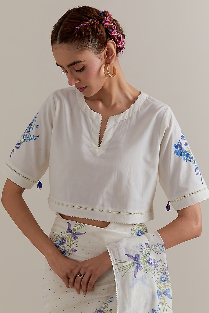 Off-White Cotton Chanderi Floral Hand Block Printed Party Wear Saree Set by Kora at Pernia's Pop Up Shop