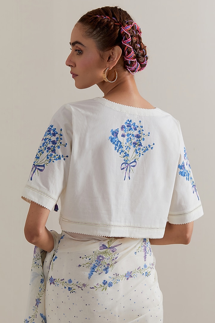 Off-White Cotton Chanderi Floral Hand Block Printed Party Wear Saree Set by Kora at Pernia's Pop Up Shop