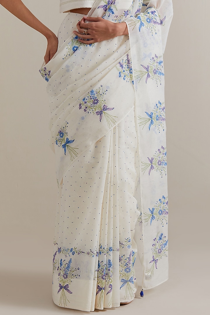 Off-White Cotton Chanderi Floral Hand Block Printed Party Wear Saree Set by Kora at Pernia's Pop Up Shop