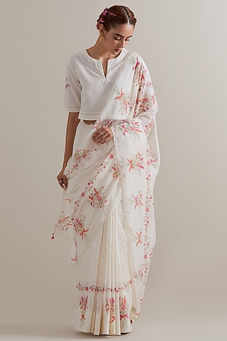 Off-White Cotton Chanderi Floral Hand Block Printed Saree Set by Kora