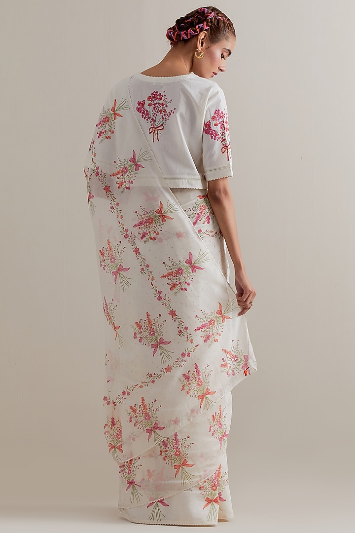 Off-White Cotton Chanderi Floral Hand Block Printed Party Wear Saree Set by Kora at Pernia's Pop Up Shop