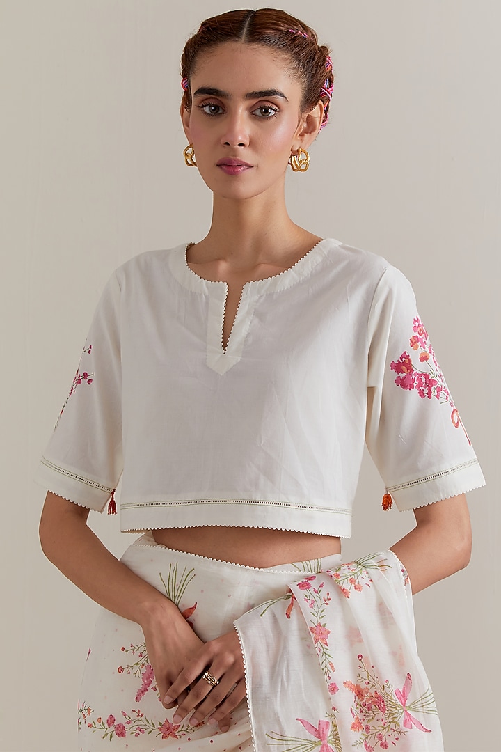 Off-White Cotton Chanderi Floral Hand Block Printed Party Wear Saree Set by Kora at Pernia's Pop Up Shop