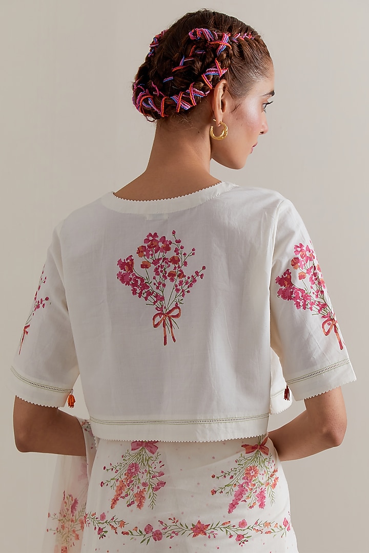 Off-White Cotton Chanderi Floral Hand Block Printed Party Wear Saree Set by Kora at Pernia's Pop Up Shop