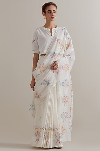 Off-White Cotton Chanderi Floral Hand Block Printed Saree Set by Kora