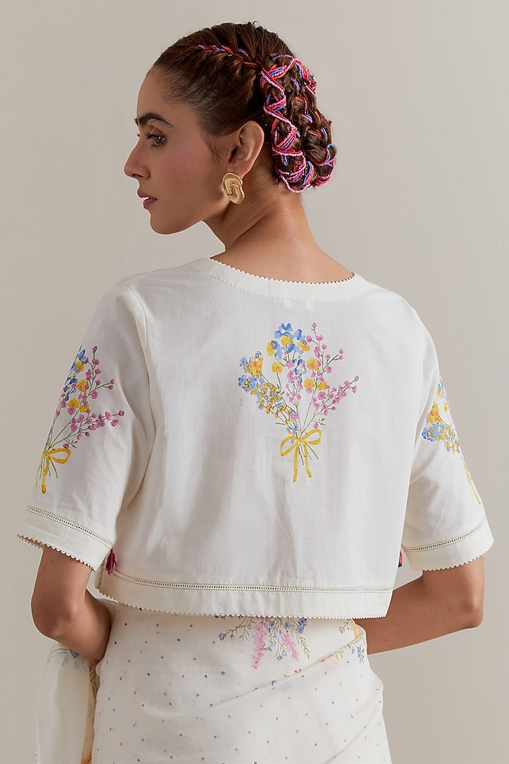 Off-White Cotton Chanderi Floral Hand Block Printed Party Wear Saree Set by Kora at Pernia's Pop Up Shop