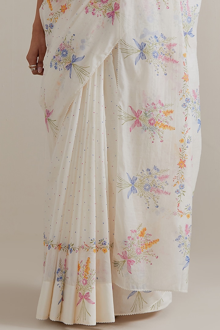 Off-White Cotton Chanderi Floral Hand Block Printed Party Wear Saree Set by Kora at Pernia's Pop Up Shop