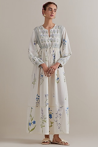 Off-White Silk Chanderi Floral Hand Block Printed Dress by Kora