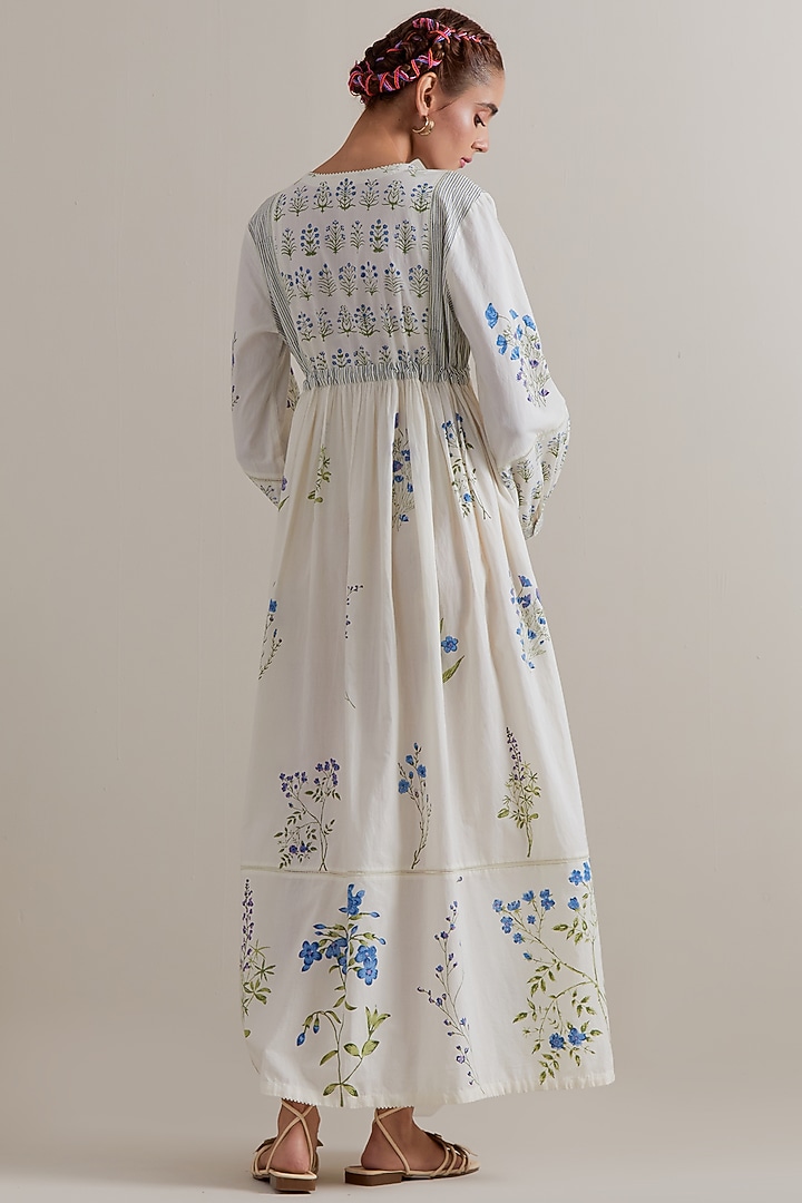 Off-White Silk Chanderi Floral Hand Block Printed Summer Dress by Kora at Pernia's Pop Up Shop