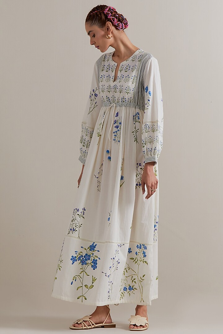 Off-White Silk Chanderi Floral Hand Block Printed Summer Dress by Kora at Pernia's Pop Up Shop