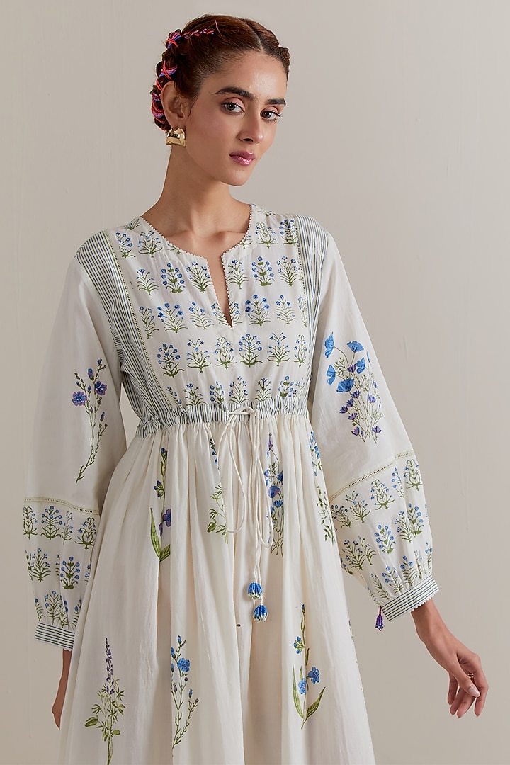Off-White Silk Chanderi Floral Hand Block Printed Summer Dress by Kora at Pernia's Pop Up Shop
