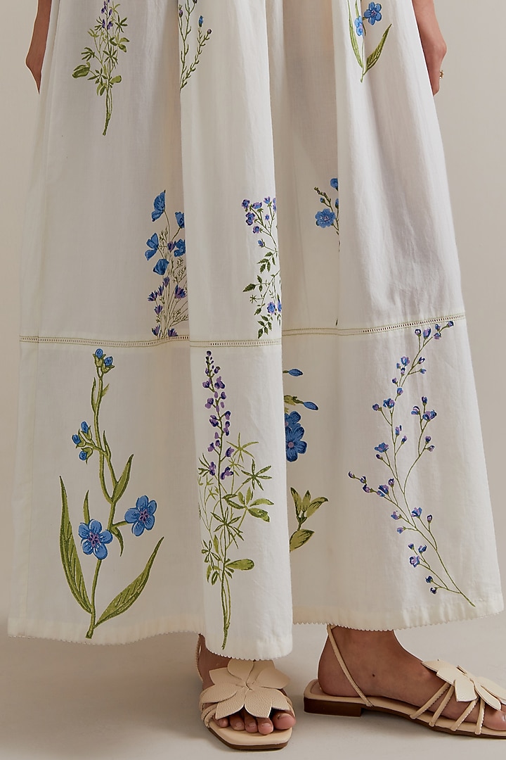 Off-White Silk Chanderi Floral Hand Block Printed Summer Dress by Kora at Pernia's Pop Up Shop