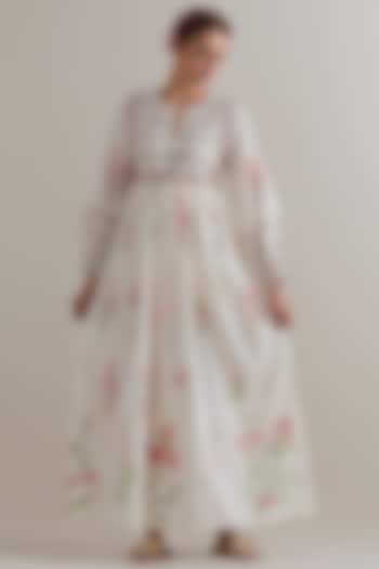 Off-White Silk Chanderi Floral Hand Block Printed Summer Dress by Kora at Pernia's Pop Up Shop