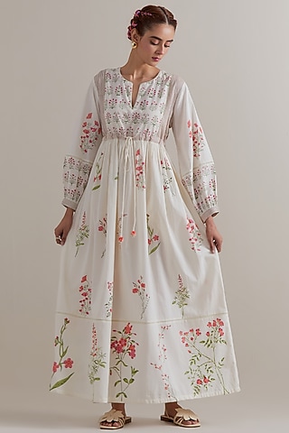 Off-White Silk Chanderi Floral Hand Block Printed Dress by Kora