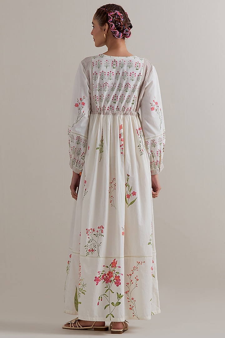 Off-White Silk Chanderi Floral Hand Block Printed Summer Dress by Kora at Pernia's Pop Up Shop