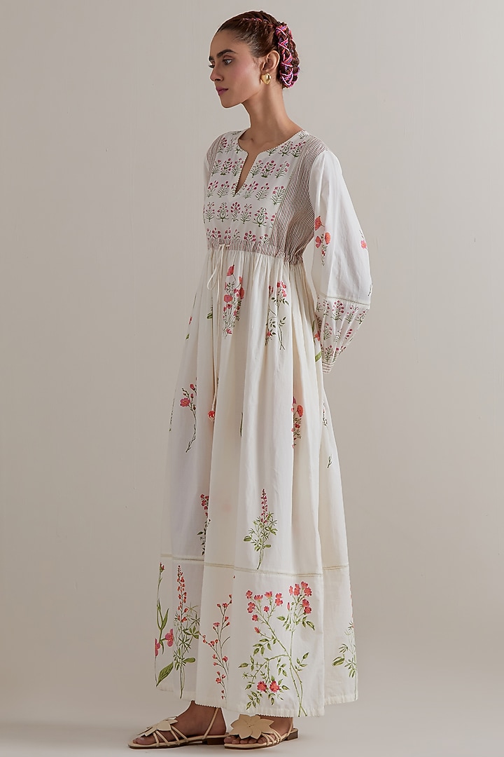 Off-White Silk Chanderi Floral Hand Block Printed Summer Dress by Kora at Pernia's Pop Up Shop