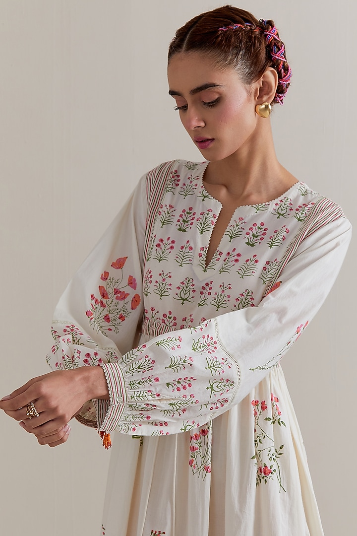Off-White Silk Chanderi Floral Hand Block Printed Summer Dress by Kora at Pernia's Pop Up Shop